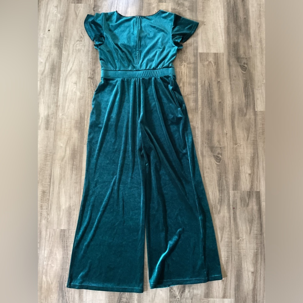 MODCLOTH Jumpsuit Velvet Short Sleeve Wide Leg Pockets Teal Size Large - Picture 4 of 5